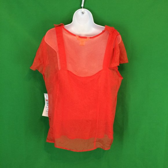 NWT New York City Design Orange Coral‎ Ruffle Sheer Blouse with Attached Tank XL - Picture 2 of 4